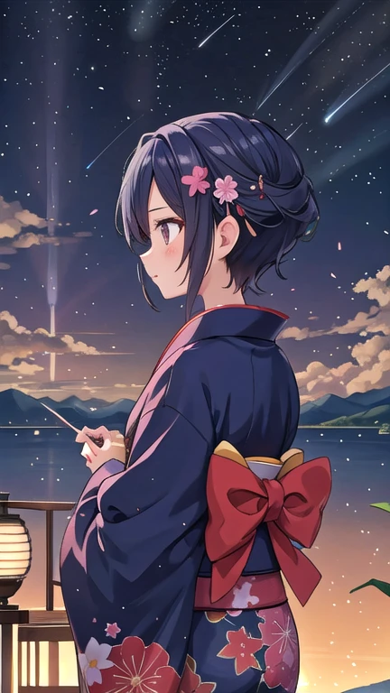 One girl, a distant girl kiss girl in a kimono gazing at the performer, (zoom: 1.1), (meteor群: 1.2), (comet: 1.1), yourname, Low - Angle, From behind, Aurora, meteor, yukata, Red kimono, cherry blossoms, Standing in the field, Highest quality, masterpiece, cloud, colorful, Starry sky, performer,