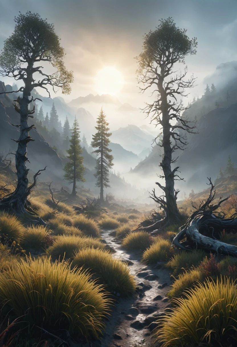 Create a desolate landscape of valleys and mountains, shrouded in thick fog, with few rays of sun, with twisted trees and thick trunks, and undergrowth resembling grass and grass, in an ultra-realistic landscape, with dead colors, 4K, cinematic lighting, natural lighting, film grain, cinematic lighting, high détail, Photoreal, Photorealistic, volumetric lighting and shading  