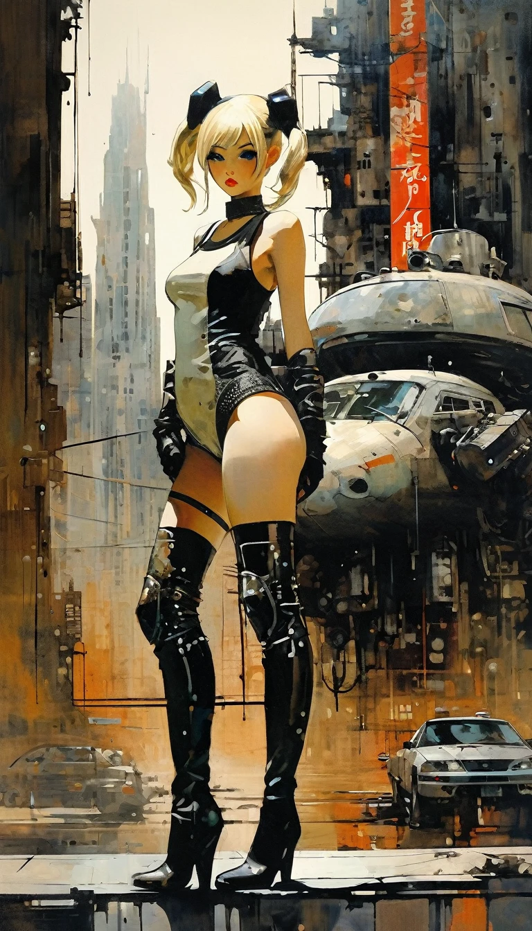 Future sexy asian blonde girl with twin-tails in a futuristic city.1.5, rusty metal city, lots of details, cars, buildings, billboards, nude and very tight tank top, red latex thigh high stocking extreme-highheel-wedge boots , standing pose (Dave Mckean inspired art, intricate details, oil painting)
