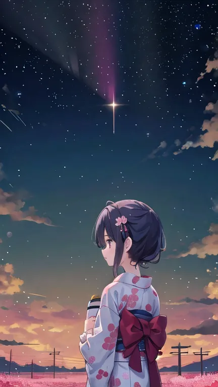 one girl, a distant girl kiss girl in a kimono gazing at the performer, (zoom: 1.1), (meteor群: 1.2), (comet: 1.1), yourname, low...