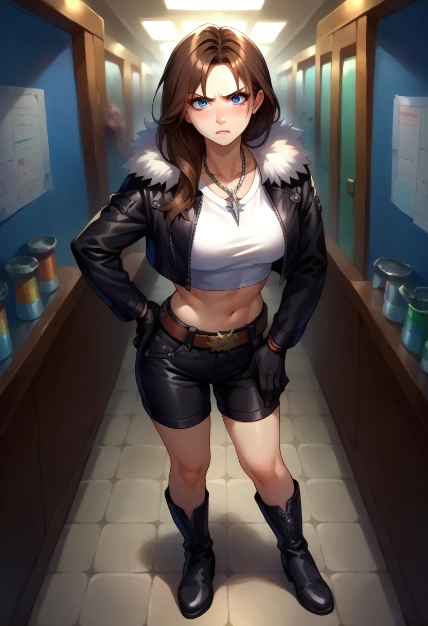 score_9, score_8_up, score_7_up, 1girl, solo, (female:1.5),female focus, female body, squall, necklace, brown hair, long hair, gloves, white crop top, blue eyes, shirt, black gloves, jacket, black jacket, fur trim jacket, (black shorts), black thighhighs, belt,breasts, scar, diagonal scar, scar on face, parted bangs, black long boots, (full body), angry, blushing hand to hip, standing, looking at you, facilities