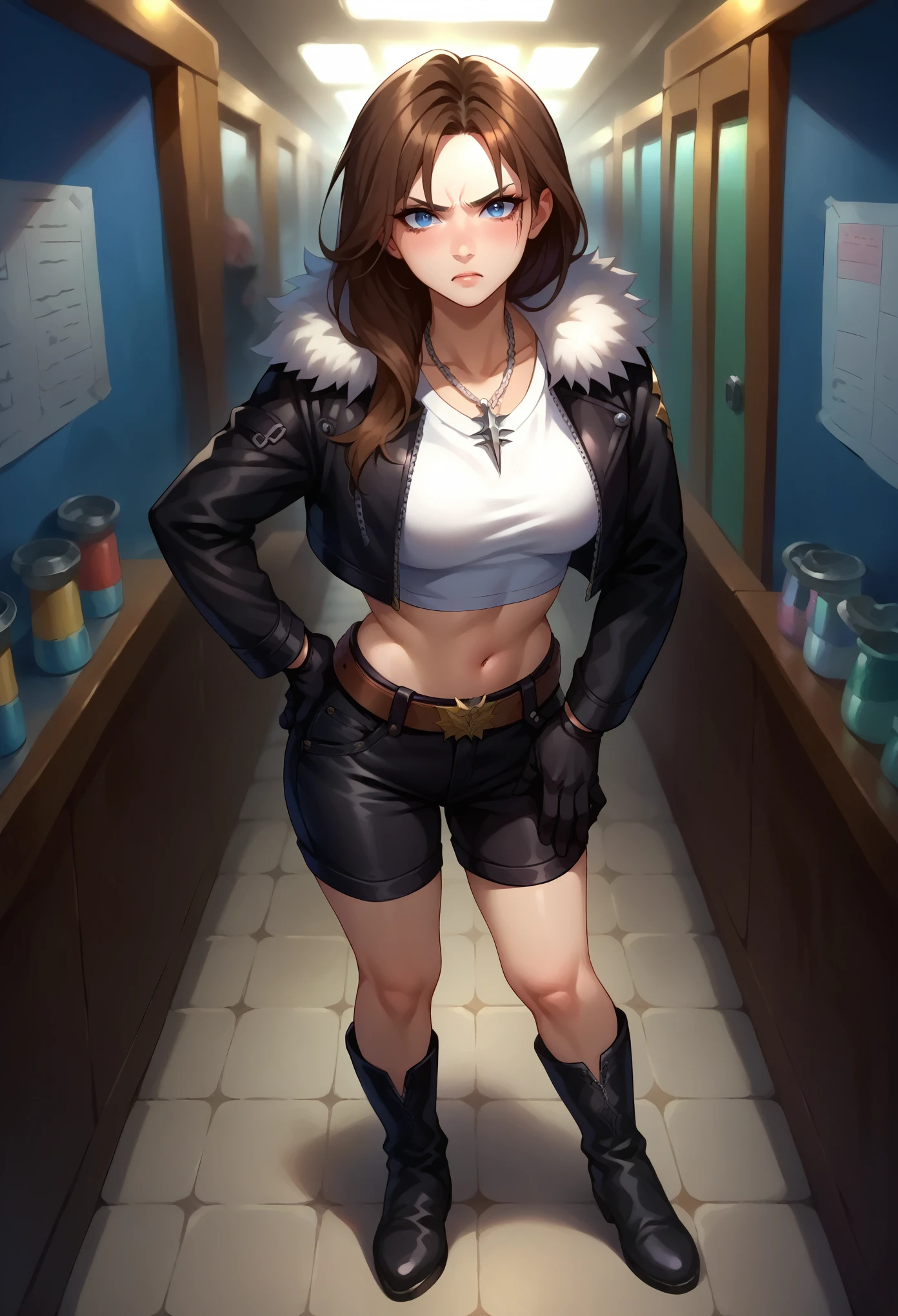 score_9, score_8_up, score_7_up, 1girl, solo, (female:1.5),female focus, female body, squall, necklace, brown hair, long hair, gloves, white crop top, blue eyes, shirt, black gloves, jacket, black jacket, fur trim jacket, (black shorts), black thighhighs, belt,breasts, scar, diagonal scar, scar on face, parted bangs, black long boots, (full body), angry, blushing hand to hip, standing, looking at you, facilities