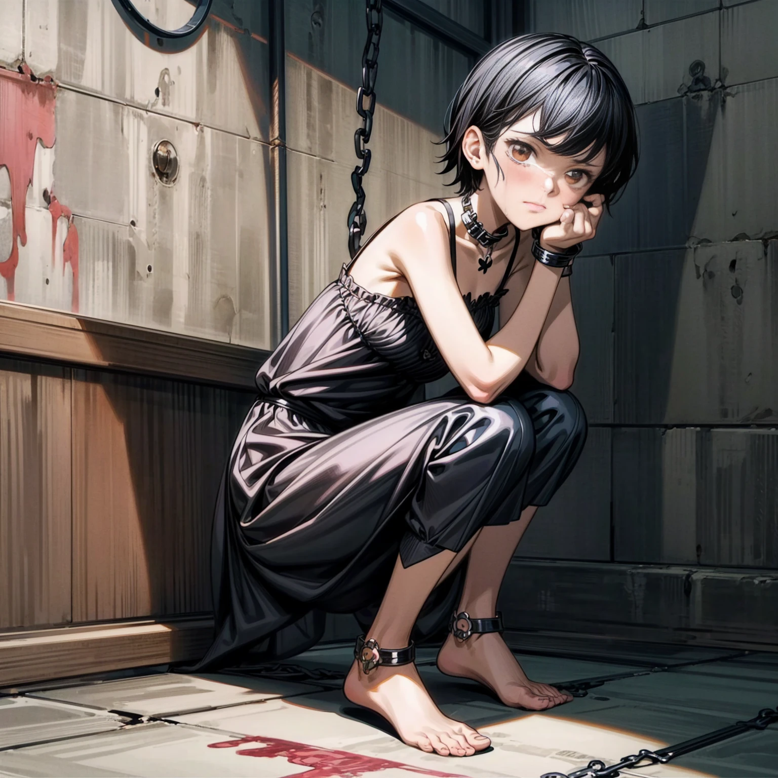 Solo character, full body version, kid girl, short haircut, black color hair, brown eyes, pink lingerie, no shock, no shoes, detailed shadow, (black clover style art), crying eyes, sit down gesture, handcuff, prison indoor room, blood, Tortured 