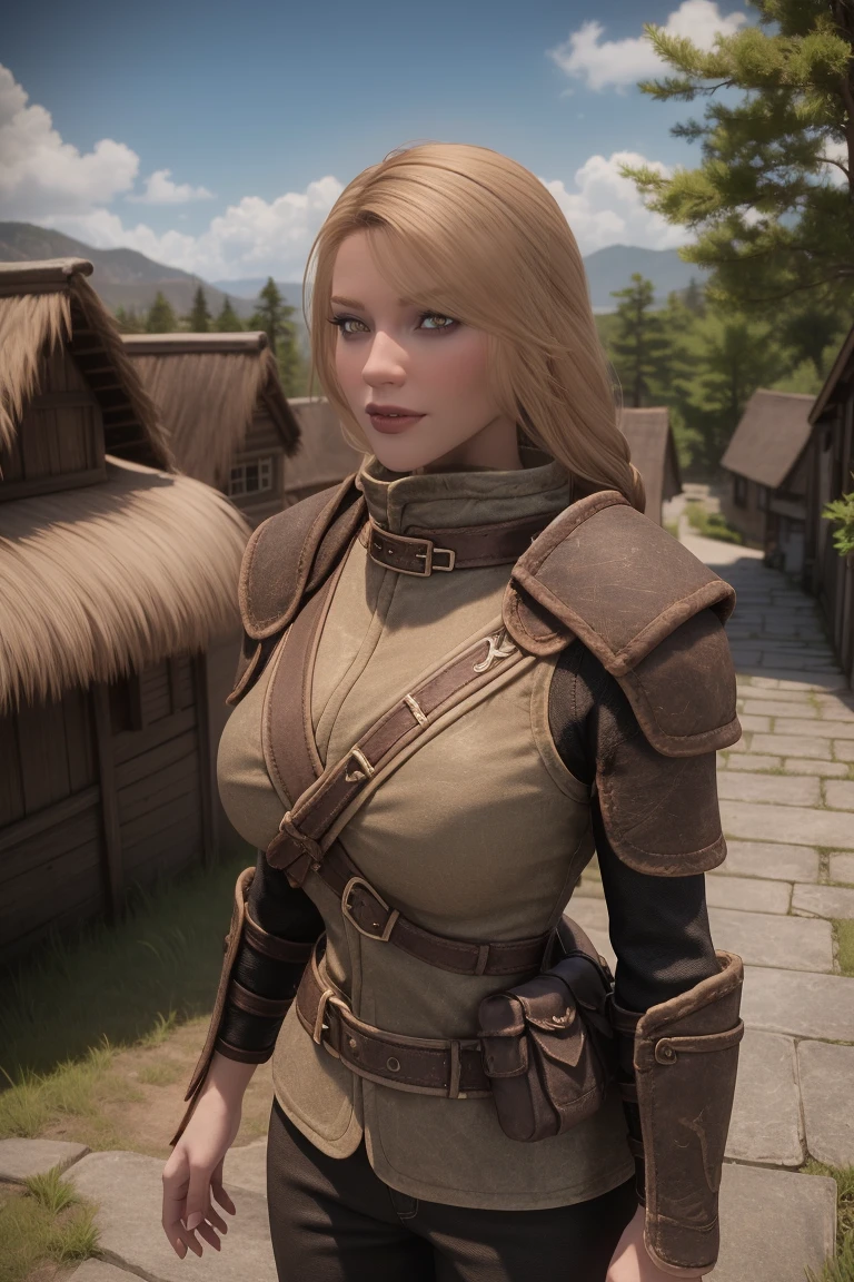 1 girl, masterpiece, 32 yo, female breton beauty sits outdoors in a rustic Skyrim village, surrounded by thatched roofs and lush greenery. The sun casts a warm glow on her porcelain skin as she gazes directly into the camera lens, her piercing green eyes sparkling with a hint of mischief. Her raven tresses cascade down her back like a waterfall, framing her heart-shaped face. A gentle smile plays on her lips, inviting the viewer to step into her whimsical world. blonde hair, fit body, Skyrim style, (female front view:1.3), looking at the viewer.,wearing light armor, female breton