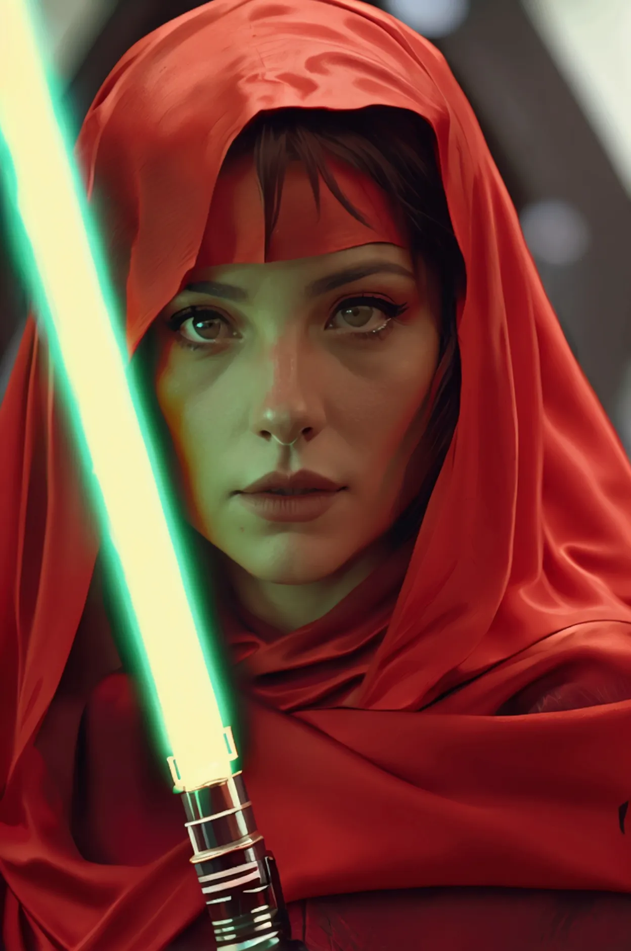 frame from a cinematographic film of the star wars universe, a woman with a red lightsaber in mandalorian style., shallow depth ...