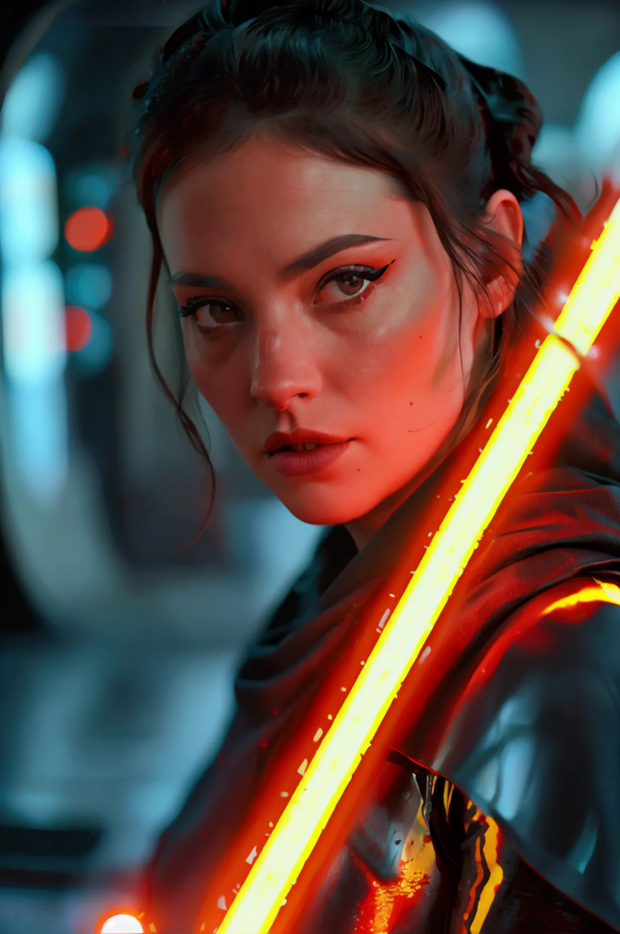 frame from a cinematographic film of the star wars universe, a woman with a red lightsaber in mandalorian style., shallow depth ...