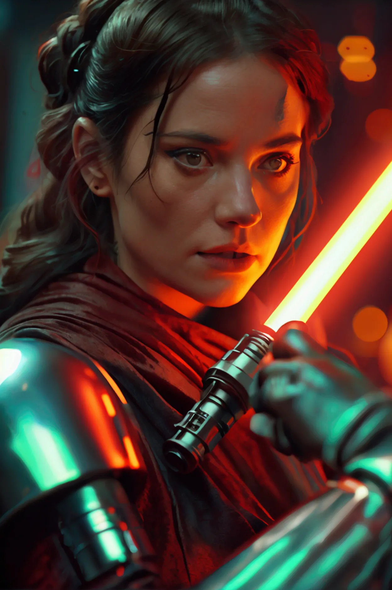 frame from a cinematographic film of the star wars universe, a woman with a red lightsaber in mandalorian style., shallow depth ...