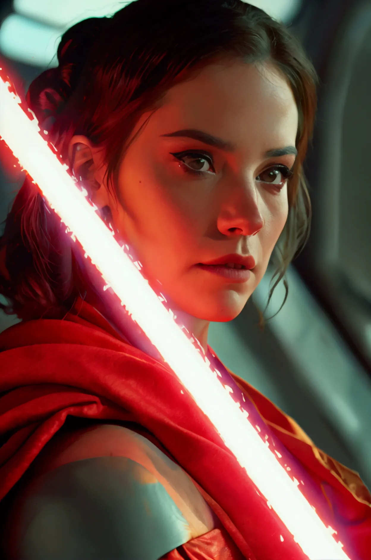 frame from a cinematographic film of the star wars universe, a woman with a red lightsaber in mandalorian style., shallow depth ...