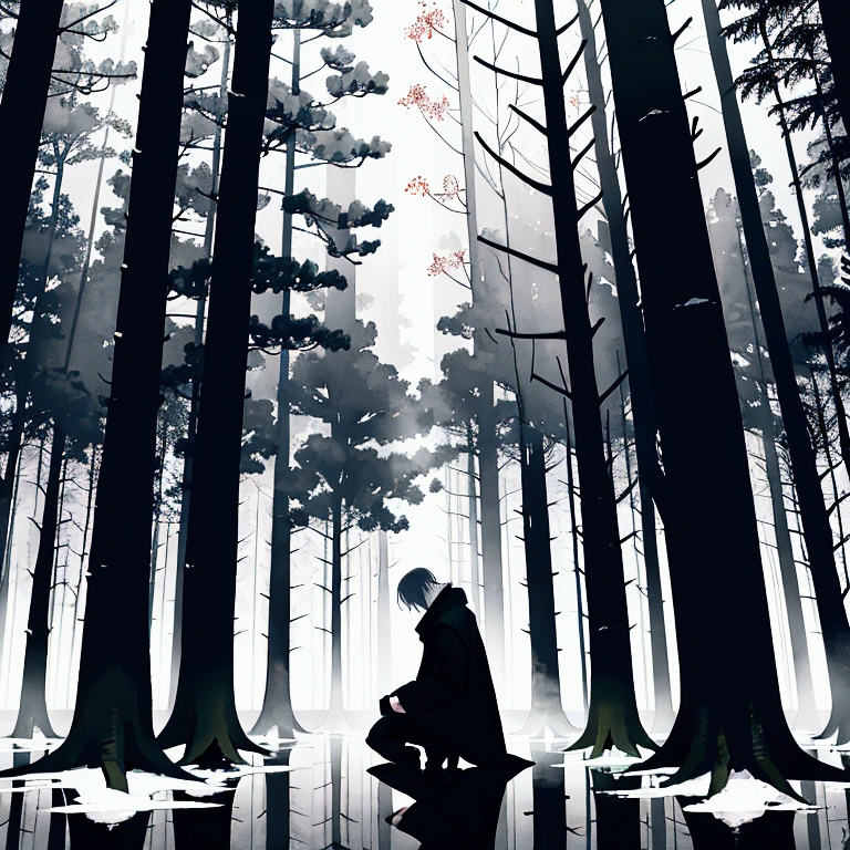 "Picture a lonely man in dark colors, standing against a background of a gloomy forest. The man is dressed in stylish, modern clothes, such as a black coat and boots. He is kneeling, head bowed and arms down, creating a feeling of heaviness and despair. Around him is a dark forest with bare trees, immersed in fog. On the horizon there is a faint light shining through the trees, symbolizing hope. Use contrasting colors and dramatic lighting to enhance the emotional impact. Add minimalistic elements around the person, symbolizing philosophical reflections."

Steps to create an image:
Man in Dark Colors: The main element is a  man in stylish, dark clothes (black coat, boots), kneeling with his head down and his hands down.
Dark Forest and Fog: Around the person is a gloomy forest with bare trees, immersed in fog, creating an atmosphere of isolation and despair.
Faint Light on the Horizon: There is a faint light on the horizon shining through the trees, symbolizing hope.
Contrasting Colors and Lighting: Use strong contrasts between light and shadow to create a dramatic effect and attract attention.
Minimalistic Elements: Add minimalistic elements around the person, such as abstract symbols or figures that symbolize philosophical thoughts.