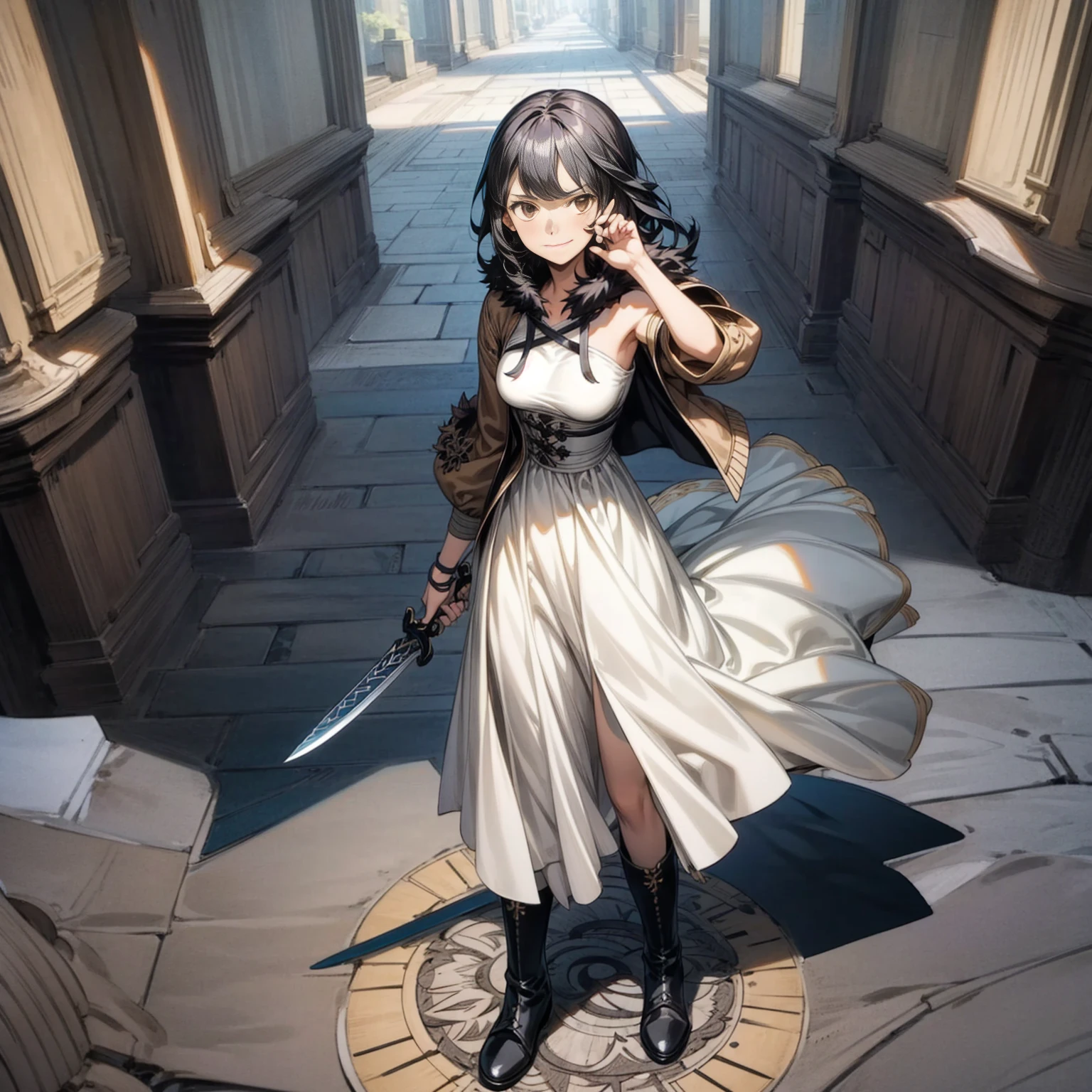 Solo character, full body version, girl, shoulder length hair, black color hair, brown eyes, Brown fur jacket clothing, white long dress, small boots, bandage, detailed shadow, (black clover style art), sky blue, town, knife in hand, standing guard gesture, sad eyes, smile mouth, Big breasts 