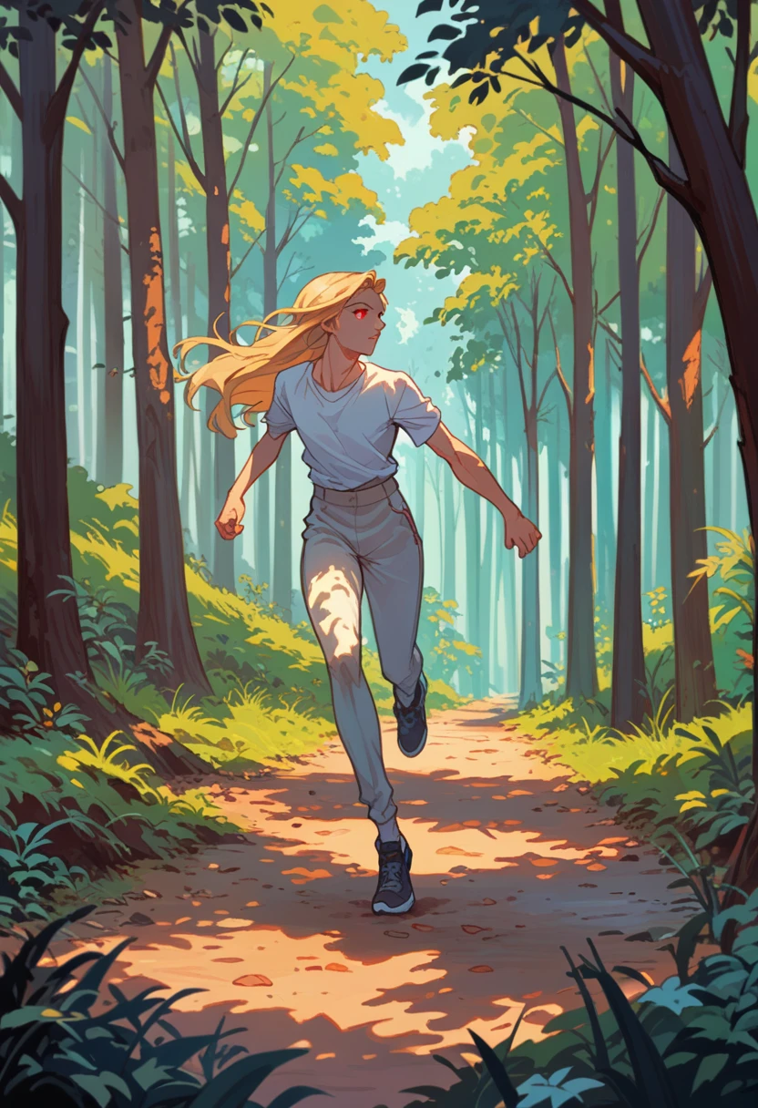 pale man , handsome , red eyes , blonde hair , white skin , fast , beautiful , longhair , running , side view , dead forest 