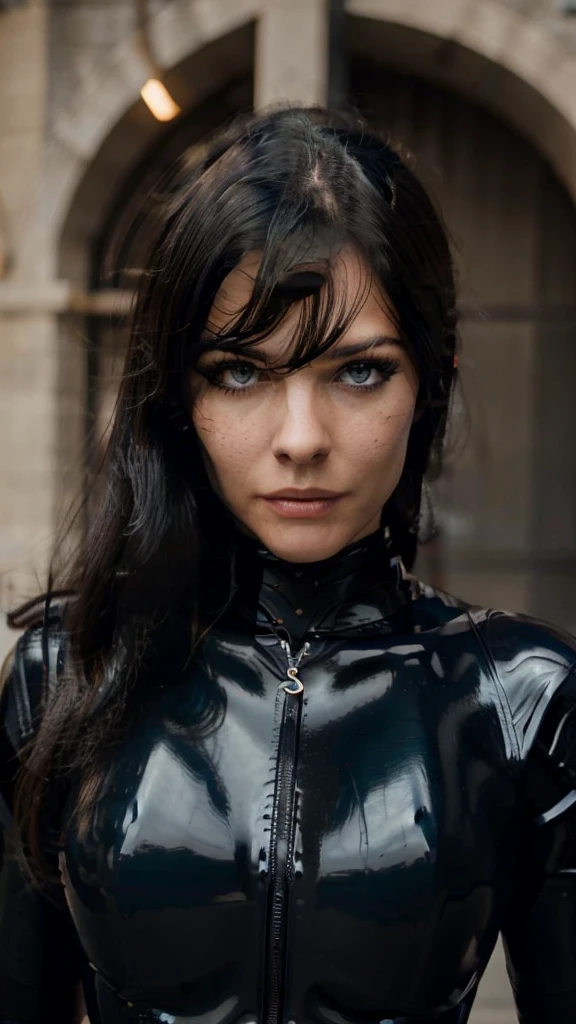 a photo of Esmée,as black latex superhero,wearing a black latex suit,blue eyes,wearing large black latex coat,close up face portrait,having long straight black hair,no lipstick ,85 mm,wearing no sunglasses,looking damn smart