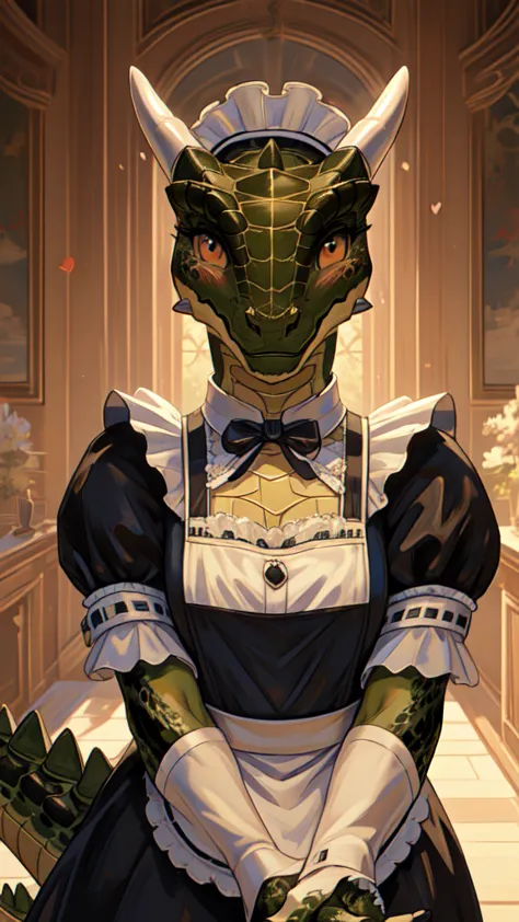 anime, hdr, soft light, ((best quality)), ((masterpiece)), (detailed), a lustiargonian, maid, colored leather, green skin, maid ...