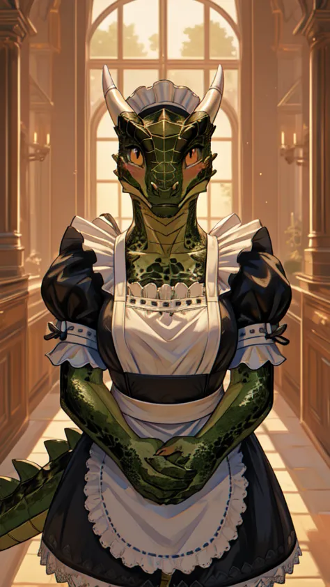 anime, hdr, soft light, ((best quality)), ((masterpiece)), (detailed), a lustiargonian, maid, colored leather, green skin, maid ...