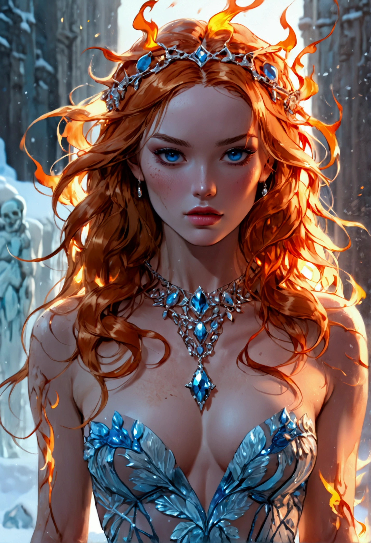 a glamour picture shot, of an elite model covered in fire walking on a icy catwalk, an extraordinary glamourous elite female model, ((full body: 1.5)),  ((anatomically correct: 1.5), (ultra detailed face: 1.2), best detailed face, orange hair, long hair, lush hair, glam hair cut, blue eyes, delicate face, light make up, wearing intricate detailed dress, glamour dress, haute couture dress, elite fashion dress, FireMagicAI,  small cleavage, wearing high heels, elegant high heels, she wears diamond necklace, she is covered in fire, she walks on an icy catwalk, image reflecting in the ice IceMagicAI, elite fashion show background, vibrant, Hyperrealism style, vibrant, Ultra-high resolution, High Contrast, (masterpiece:1.5), highest quality, Best aesthetics), best details, best quality, highres, ultra wide angle, 16k, [ultra detailed], masterpiece, best quality, (extremely detailed) RAW, FireMagicAI, IceMagicAI, Dark Art Painting Style