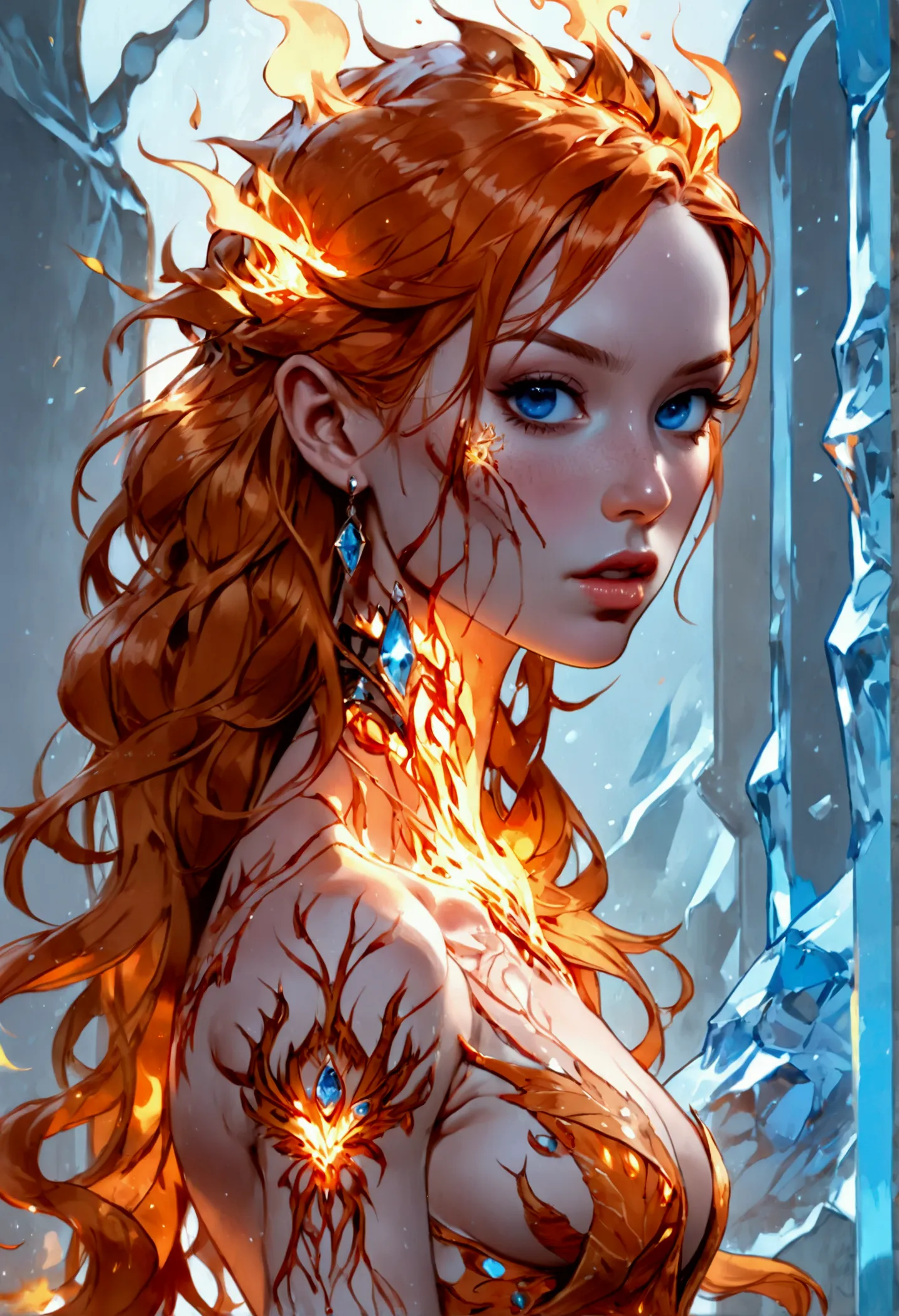 a glamour picture shot, of an elite model covered in fire walking on a icy catwalk, an extraordinary glamourous elite female mod...