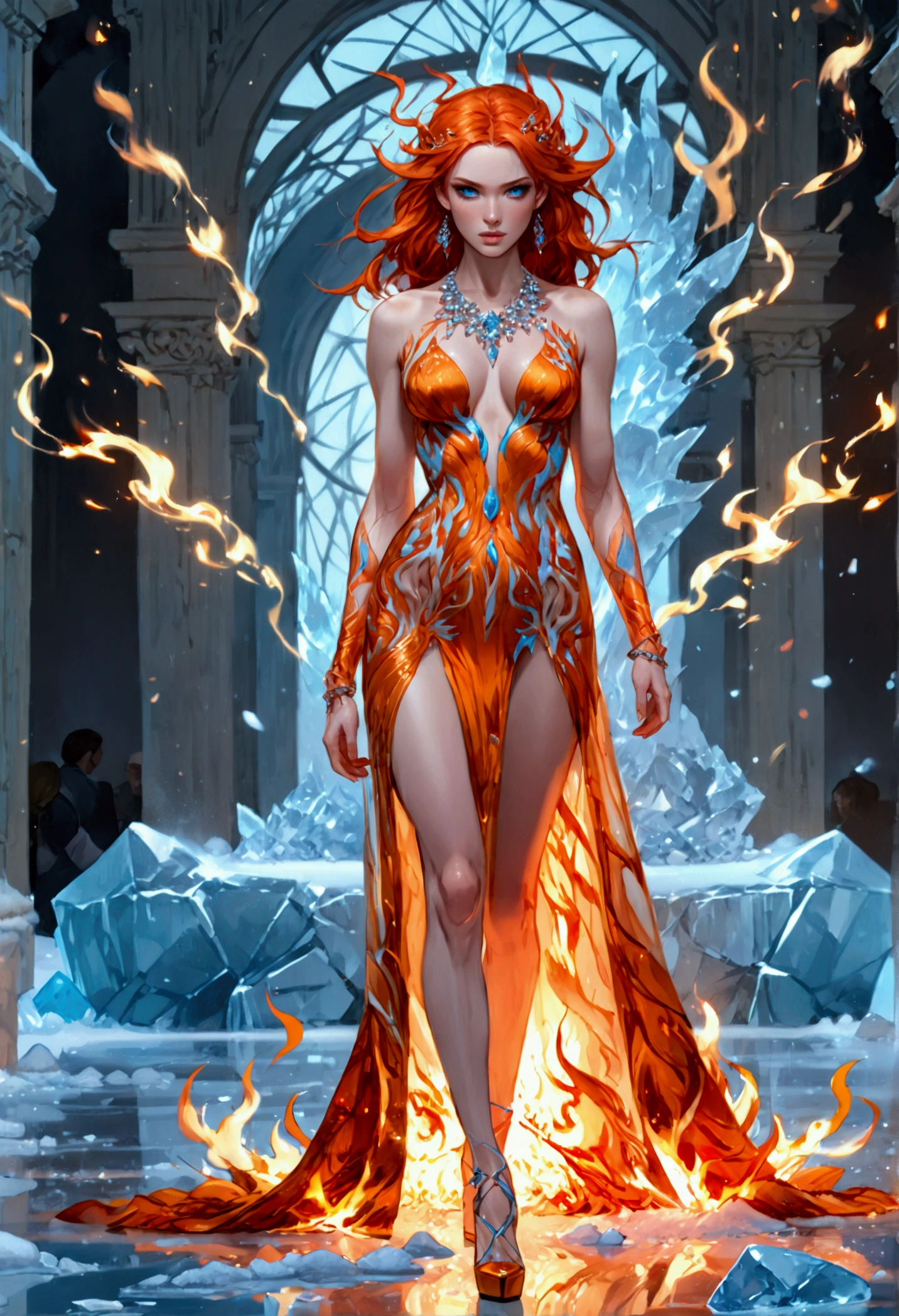 a glamour picture shot, of an elite model covered in fire walking on a icy catwalk, an extraordinary glamourous elite female model, ((full body: 1.5)),  ((anatomically correct: 1.5), (ultra detailed face: 1.2), best detailed face, orange hair, long hair, lush hair, glam hair cut, blue eyes, delicate face, light make up, wearing intricate detailed dress, glamour dress, haute couture dress, elite fashion dress, FireMagicAI,  small cleavage, wearing high heels, elegant high heels, she wears diamond necklace, she is covered in fire, she walks on an icy catwalk, image reflecting in the ice IceMagicAI, elite fashion show background, vibrant, Hyperrealism style, vibrant, Ultra-high resolution, High Contrast, (masterpiece:1.5), highest quality, Best aesthetics), best details, best quality, highres, ultra wide angle, 16k, [ultra detailed], masterpiece, best quality, (extremely detailed) RAW, FireMagicAI, IceMagicAI, Dark Art Painting Style