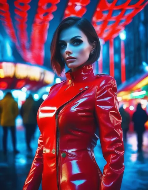 rlystylr woman , wearing latex coat, red vinyl dress, looking at viewer,waist-up shot, standing, outside, city, market, nighttim...