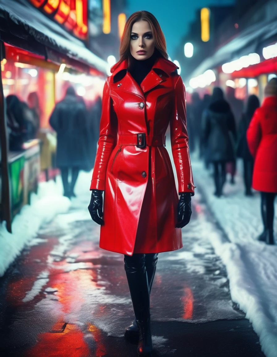 rlystylr woman , Wearing latex coat, red vinyl dress, looking at viewer,waist-up shot, standing, outside, city, market, nighttime, snow, crowd, high quality, masterpiece, gorgeous, cinematic, dramatic ambient, highly detailed, very cool, futuristic, sharp focus, intricate, vibrant, color, epic light, huge breasts,