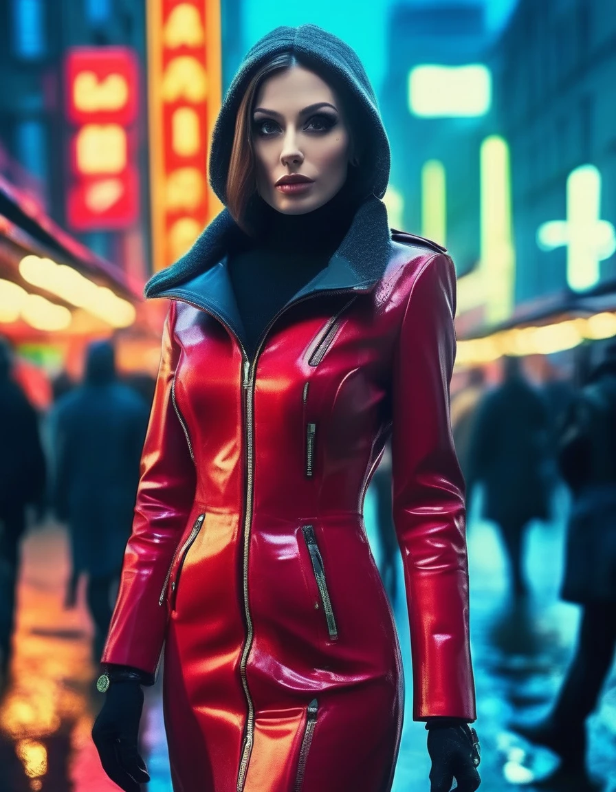 rlystylr woman , Wearing latex coat, red vinyl dress, looking at viewer,waist-up shot, standing, outside, city, market, nighttime, snow, crowd, high quality, masterpiece, gorgeous, cinematic, dramatic ambient, highly detailed, very cool, futuristic, sharp focus, intricate, vibrant, color, epic light, huge breasts,