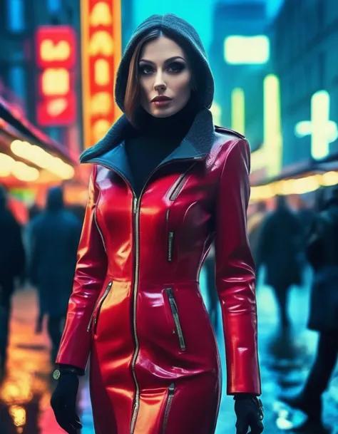 rlystylr woman , wearing latex coat, red vinyl dress, looking at viewer,waist-up shot, standing, outside, city, market, nighttim...