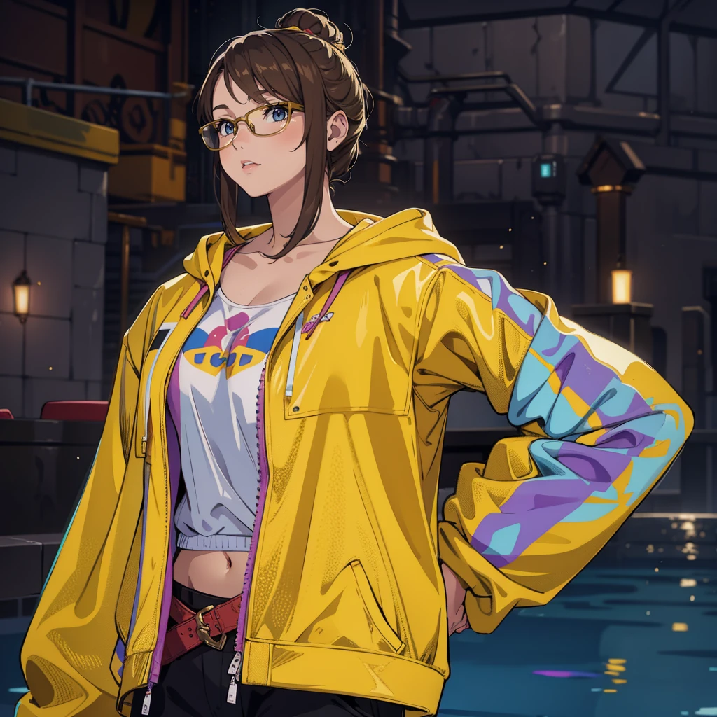 (best quality,4k,8k,highres,masterpiece:1.2),ultra-detailed, anime style, there is a woman in a yellow jacket and glasses standing in a pool, yellow aura, wearing netrunner clothing, wearing a yellow hoodie, stylish coat for a rave, jrpg fashion, yellow robes, she is wearing a coat, fashionable rpg clothing, final fantasy 14 style,