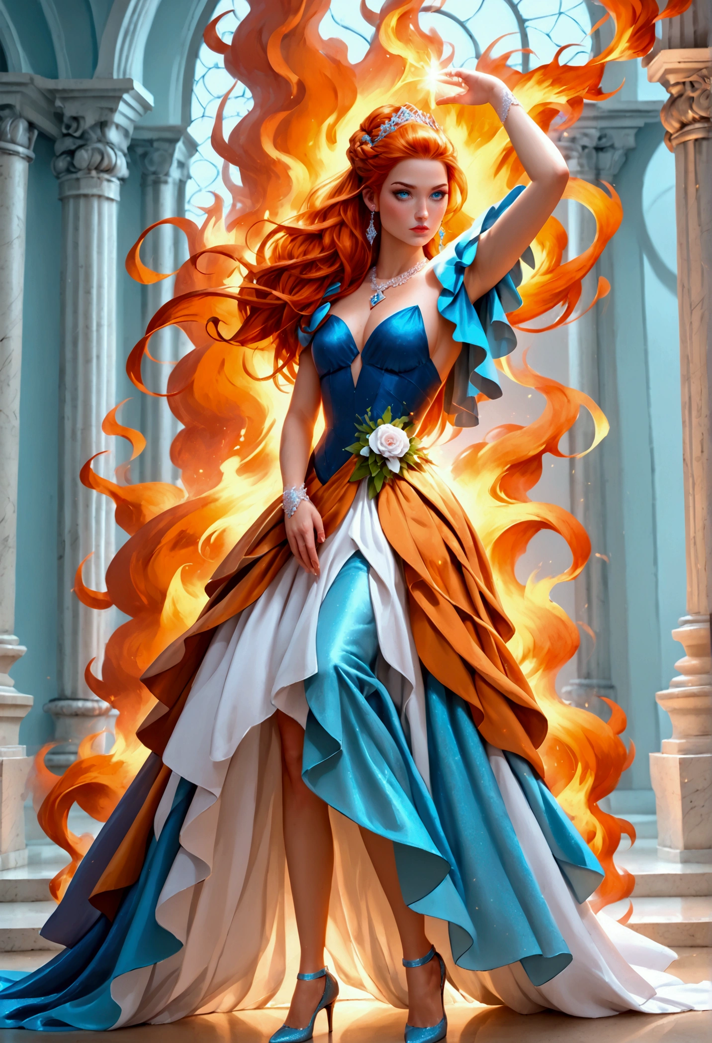 a glamour picture shot, of an elite model covered in fire walking on a icy catwalk, an extraordinary glamourous elite female model, ((full body: 1.5)),  ((anatomically correct: 1.5), (ultra detailed face: 1.2), best detailed face, orange hair, long hair, lush hair, glam hair cut, blue eyes, delicate face, light make up, wearing intricate detailed dress, glamour dress, haute couture dress, elite fashion dress, FireMagicAI,  small cleavage, wearing high heels, elegant high heels, she wears diamond necklace, she is covered in fire, she walks on an icy catwalk, image reflecting in the ice IceMagicAI, elite fashion show background, vibrant, Hyperrealism style, vibrant, Ultra-high resolution, High Contrast, (masterpiece:1.5), highest quality, Best aesthetics), best details, best quality, highres, ultra wide angle, 16k, [ultra detailed], masterpiece, best quality, (extremely detailed) RAW, FireMagicAI, IceMagicAI, Dark Art Painting Style