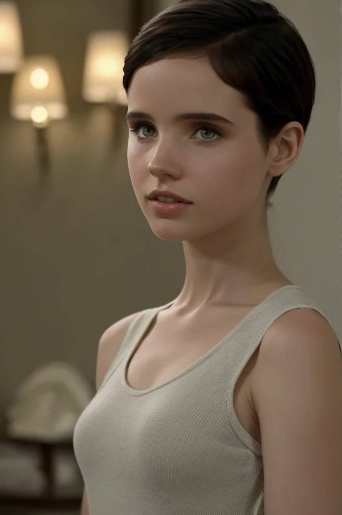 (realisitic. 2010 modern ambience. not too much yellow exposure light. pale light*) (work of art, best qualityer:1.2), felicity Jones , front face, standing alone. short black hair, Pixie. Kizi, very clear and crystalline green eyes, wearing Harry Potter glasses. she has short PIXIE hair and messy like a boy&#39;s messy hair, men&#39;s haircut. she is 15 years old, she is wearing an 80s outfit. adolescent. beautiful. She is thin and has a thin, bony face..
