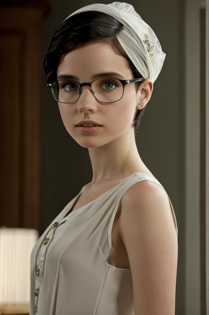 (realisitic. 2010 modern ambience. not too much yellow exposure light. pale light*) (work of art, best qualityer:1.2), felicity Jones , front face, standing alone. short black hair, Pixie. Kizi, very clear and crystalline green eyes, wearing Harry Potter glasses. she has short PIXIE hair and messy like a boy&#39;s messy hair, men&#39;s haircut. she is 15 years old, she is wearing an 80s outfit. adolescent. beautiful. She is thin and has a thin, bony face..
