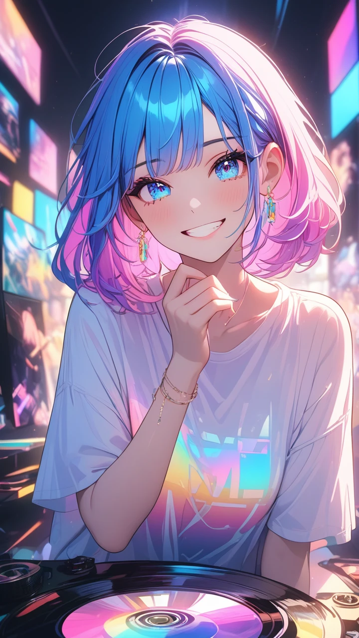 masterpiece,bestquality,superwideangle,fingeraudience,1girl,pinkandbluehair,hand,cuteanimeface,tears,masterpiece,transparentcolorPVCclothing,transparentcolorvinylclothing,wholebody,glitchlump}onface,smile,mediumhair,filmgrain,lens_flare,colorful,chromaticaberration,dynamicpov,closedmouth,Intenseemotionalexpression:death,glitchart,ultra-detailed,extremelydelicateandbeautiful,albumcover,album,albumdescription,Pixilationonface,Doubleexposure,ChromaticAberration,Lightleaks,Noiseandgrain,Colordegradation,Glitchlettering,art,abstractart,geometry,clearlines,squares,bright,limitedpalette,{canonicalcomposition},neatdiagonalstripedbackground,{{bluewithwhitestripedbackground}},{limitedpalette},flatcolored,blueandwhite,