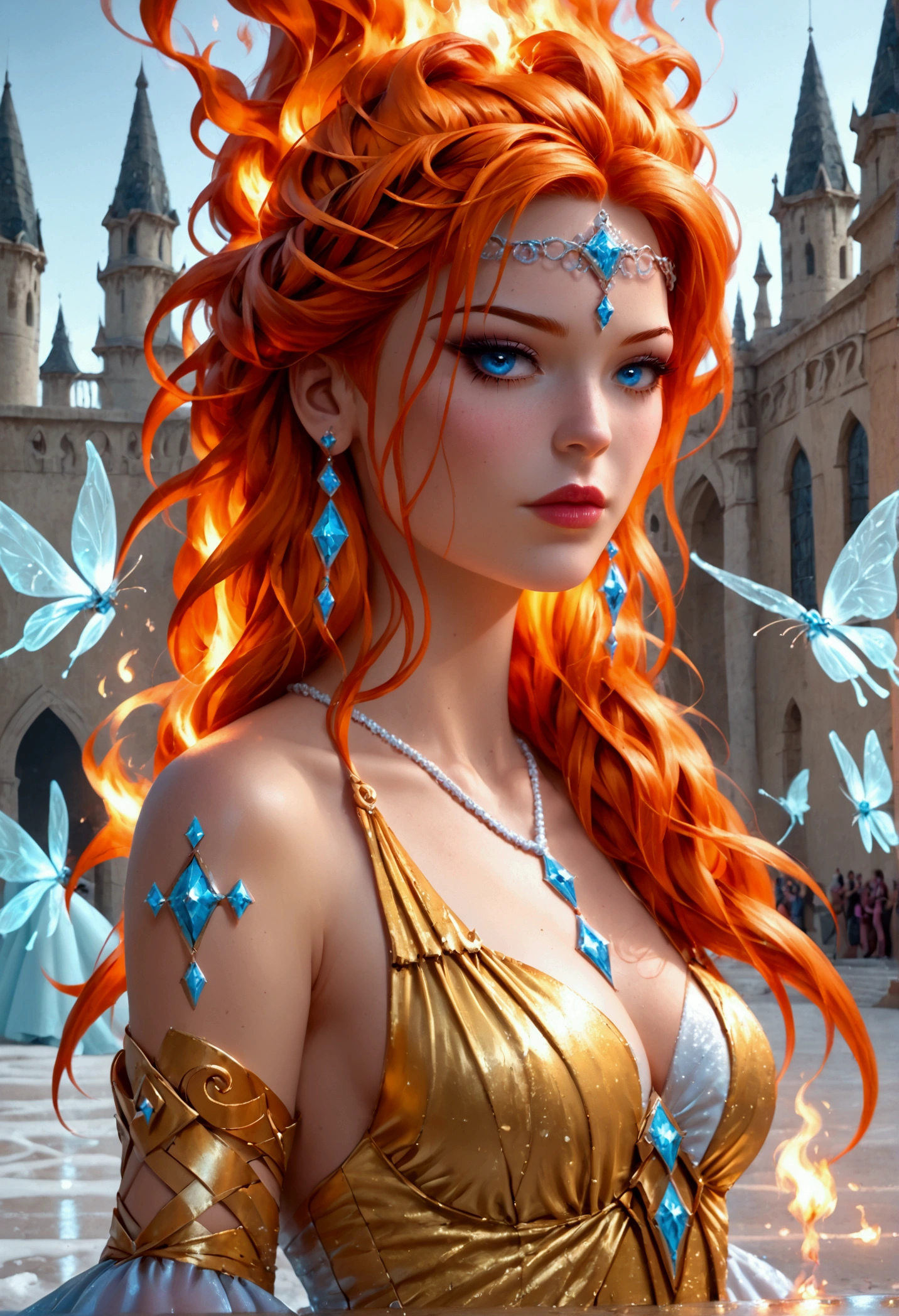 a glamour picture shot, of an elite model covered in fire walking on a icy catwalk, an extraordinary glamourous elite female model, ((full body: 1.5)),  ((anatomically correct: 1.5), (ultra detailed face: 1.2), best detailed face, orange hair, long hair, lush hair, glam hair cut, blue eyes, delicate face, light make up, wearing intricate detailed dress, glamour dress, haute couture dress, elite fashion dress, FireMagicAI,  small cleavage, wearing high heels, elegant high heels, she wears diamond necklace, she is covered in fire, she walks on an icy catwalk, image reflecting in the ice IceMagicAI, elite fashion show background, vibrant, Hyperrealism style, vibrant, Ultra-high resolution, High Contrast, (masterpiece:1.5), highest quality, Best aesthetics), best details, best quality, highres, ultra wide angle, 16k, [ultra detailed], masterpiece, best quality, (extremely detailed) RAW, FireMagicAI, IceMagicAI, Dark Art Painting Style