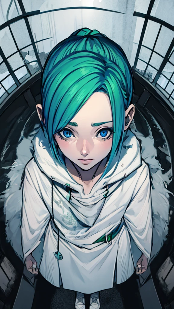 Teenage girl with white skin and green hair dyed with blue eyes 