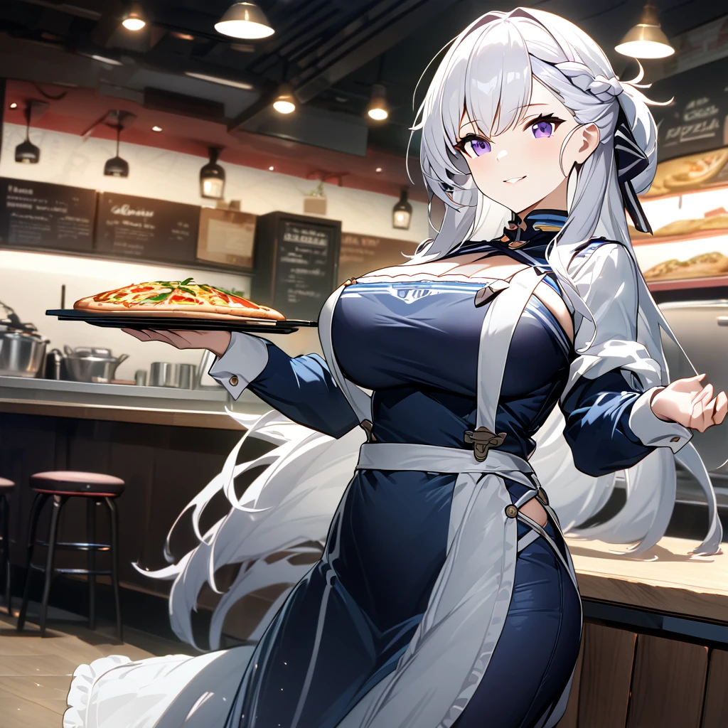 A woman wearing a blue dress, with a white work apron, white hair, long hair, purple eyes, smiling, big breasts, holding a tray with pizza, inside a pizzeria, counter in the pizzeria and chair, bow in her hair, standing, HMS_Belfast, Azur_lane, , .UHD , masterpiece, super details , high quality , best quality, 8k, high resolution, bokeh effect. (woman solo), close view.
