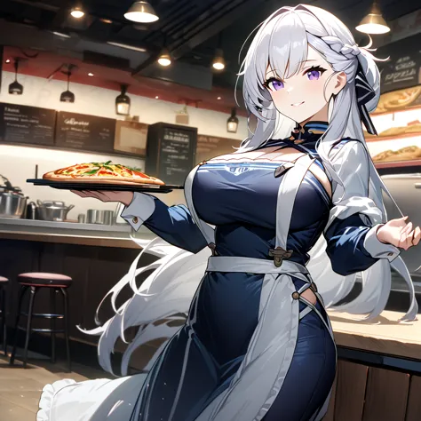 a woman wearing a blue dress, with a white work apron, white hair, long hair, purple eyes, smiling, big breasts, holding a tray ...