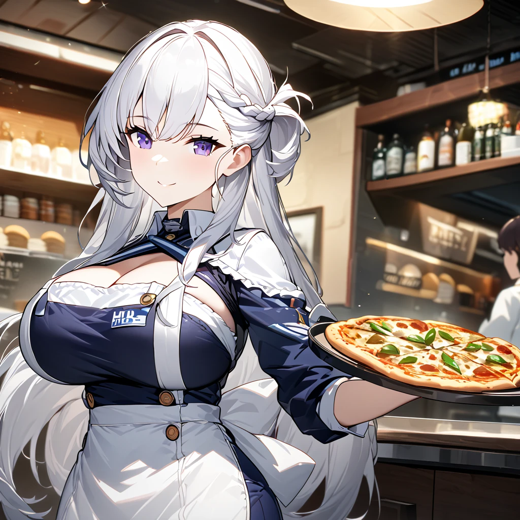 A woman wearing a blue dress, with a white work apron, white hair, long hair, purple eyes, smiling, big breasts, holding a tray with pizza, inside a pizzeria, counter in the pizzeria and chair, bow in her hair, standing, HMS_Belfast, Azur_lane, , .UHD , masterpiece, super details , high quality , best quality, 8k, high resolution, bokeh effect. (woman solo), close view.
