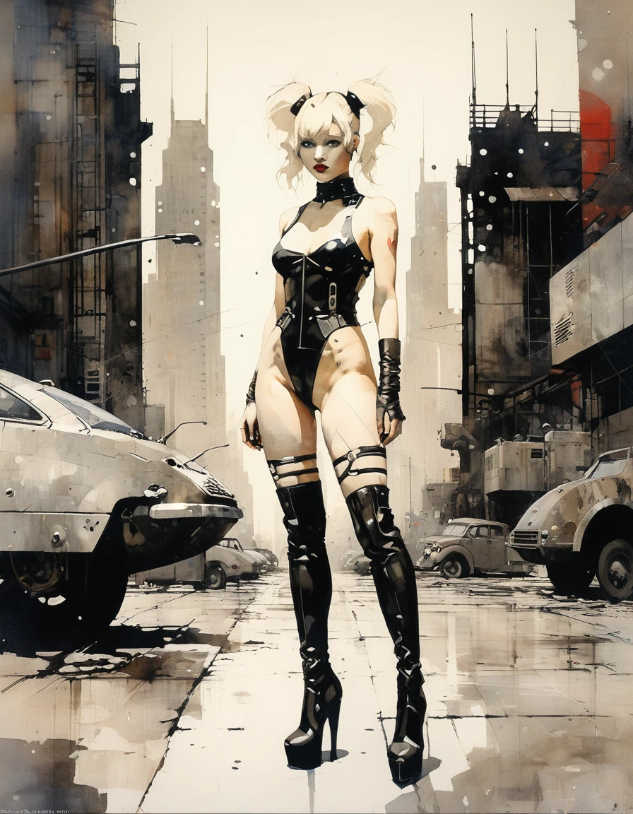 Future sexy asian blonde girl with twin-tails in a futuristic city.1.5, rusty metal city, lots of details, cars, buildings, billboards, nude NAKED TORSO, NUDE BREASTS and very tight tank top, red latex thigh high stocking extreme-highheel-wedge boots , standing pose, soft colors, flat 4d street art in the style of adrian ghenie, esao andrews, jenny saville , edward hopper, surrealism, james jean dark, takato yamamoto, inkpunk minimalism, , detailed eyes with circular iris, seamless geometric pattern harmony, luminogram, iron gall ink, art by Russ Mills, Sakimichan,, by GIlSam -paio octane rendering depicting innovation and truth, 8k, by Lee Jeffries, depth - Gs studio