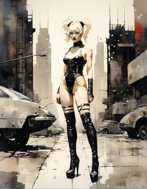 Future sexy asian blonde girl with twin-tails in a futuristic city.1.5, rusty metal city, lots of details, cars, buildings, bill...