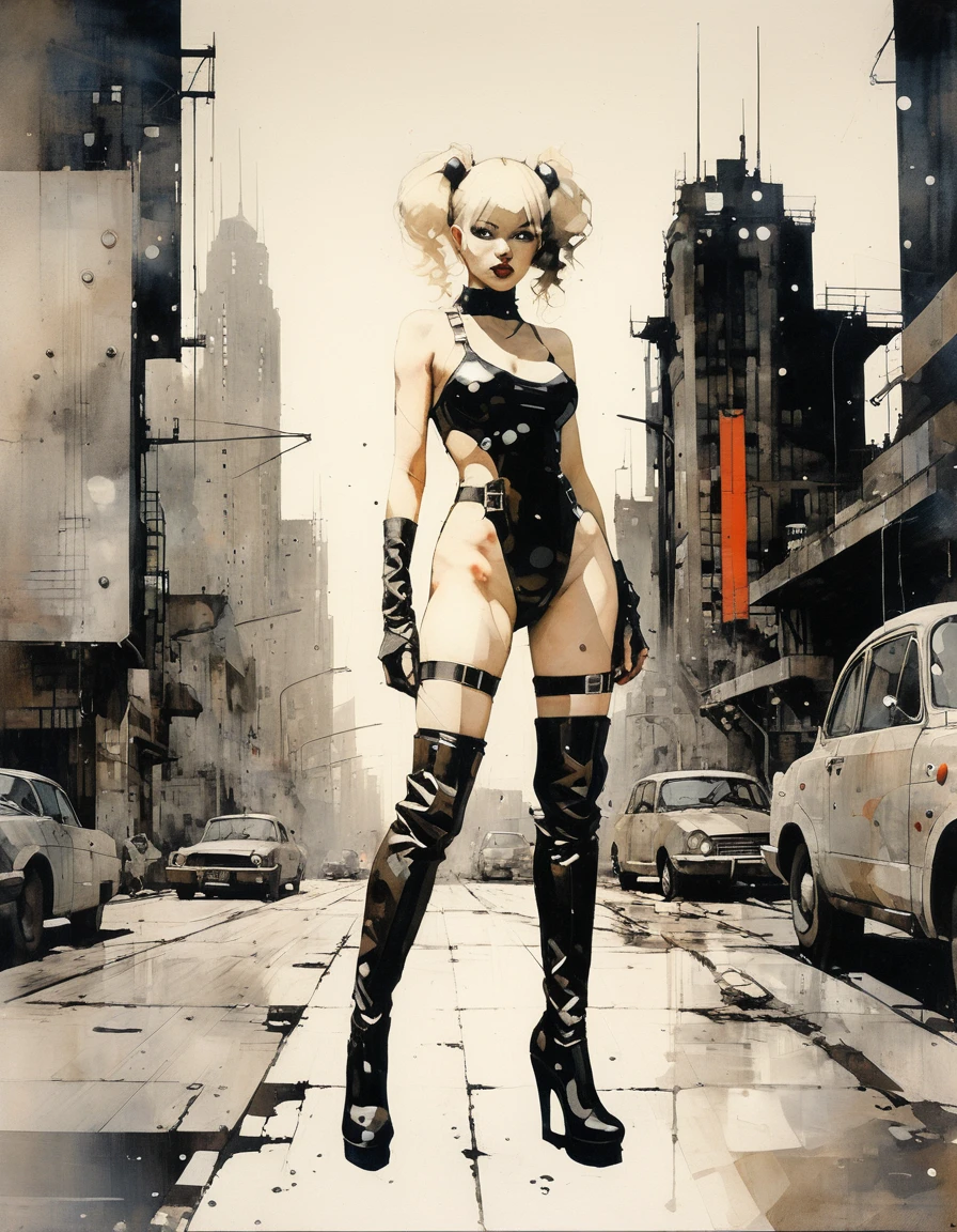 Future sexy asian blonde girl with twin-tails in a futuristic city.1.5, rusty metal city, lots of details, cars, buildings, billboards, nude NAKED TORSO, NUDE BREASTS and very tight tank top, red latex thigh high stocking extreme-highheel-wedge boots , standing pose, soft colors, flat 4d street art in the style of adrian ghenie, esao andrews, jenny saville , edward hopper, surrealism, james jean dark, takato yamamoto, inkpunk minimalism, , detailed eyes with circular iris, seamless geometric pattern harmony, luminogram, iron gall ink, art by Russ Mills, Sakimichan,, by GIlSam -paio octane rendering depicting innovation and truth, 8k, by Lee Jeffries, depth - Gs studio