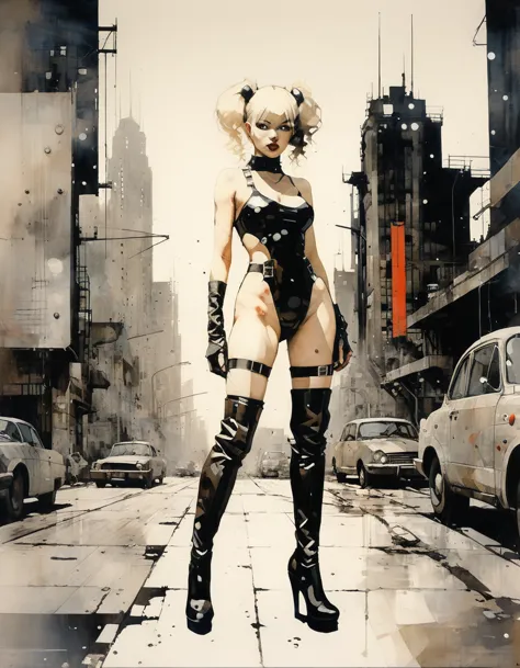 Future sexy asian blonde girl with twin-tails in a futuristic city.1.5, rusty metal city, lots of details, cars, buildings, bill...