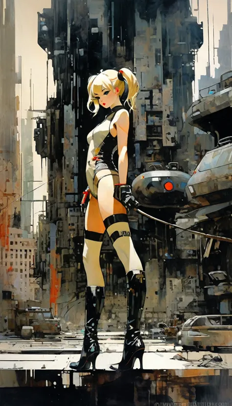 Future sexy asian blonde girl with twin-tails in a futuristic city.1.5, rusty metal city, lots of details, cars, buildings, bill...