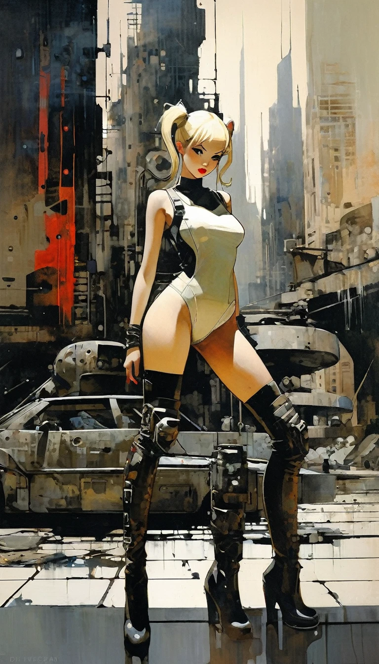 Future sexy asian blonde girl with twin-tails in a futuristic city.1.5, rusty metal city, lots of details, cars, buildings, billboards, nude and very tight tank top, red latex thigh high stocking extreme-highheel-wedge boots , standing pose (Dave Mckean inspired art, intricate details, oil painting)
