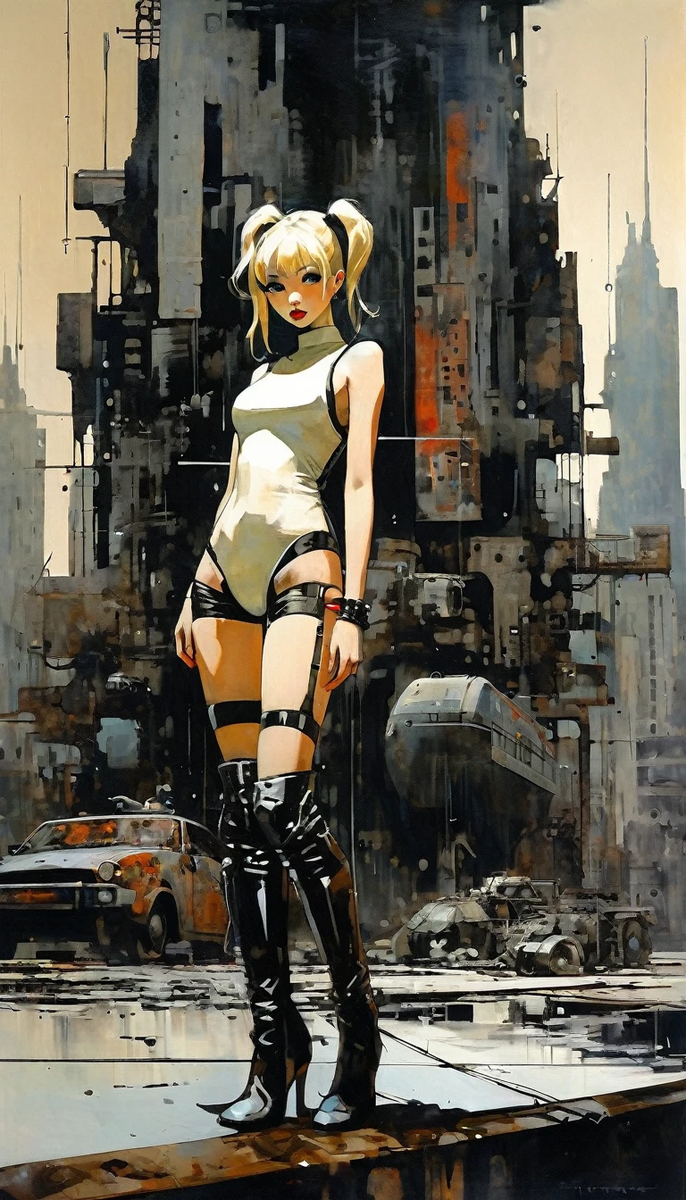 Future sexy asian blonde girl with twin-tails in a futuristic city.1.5, rusty metal city, lots of details, cars, buildings, billboards, nude and very tight tank top, red latex thigh high stocking extreme-highheel-wedge boots , standing pose (Dave Mckean inspired art, intricate details, oil painting)
