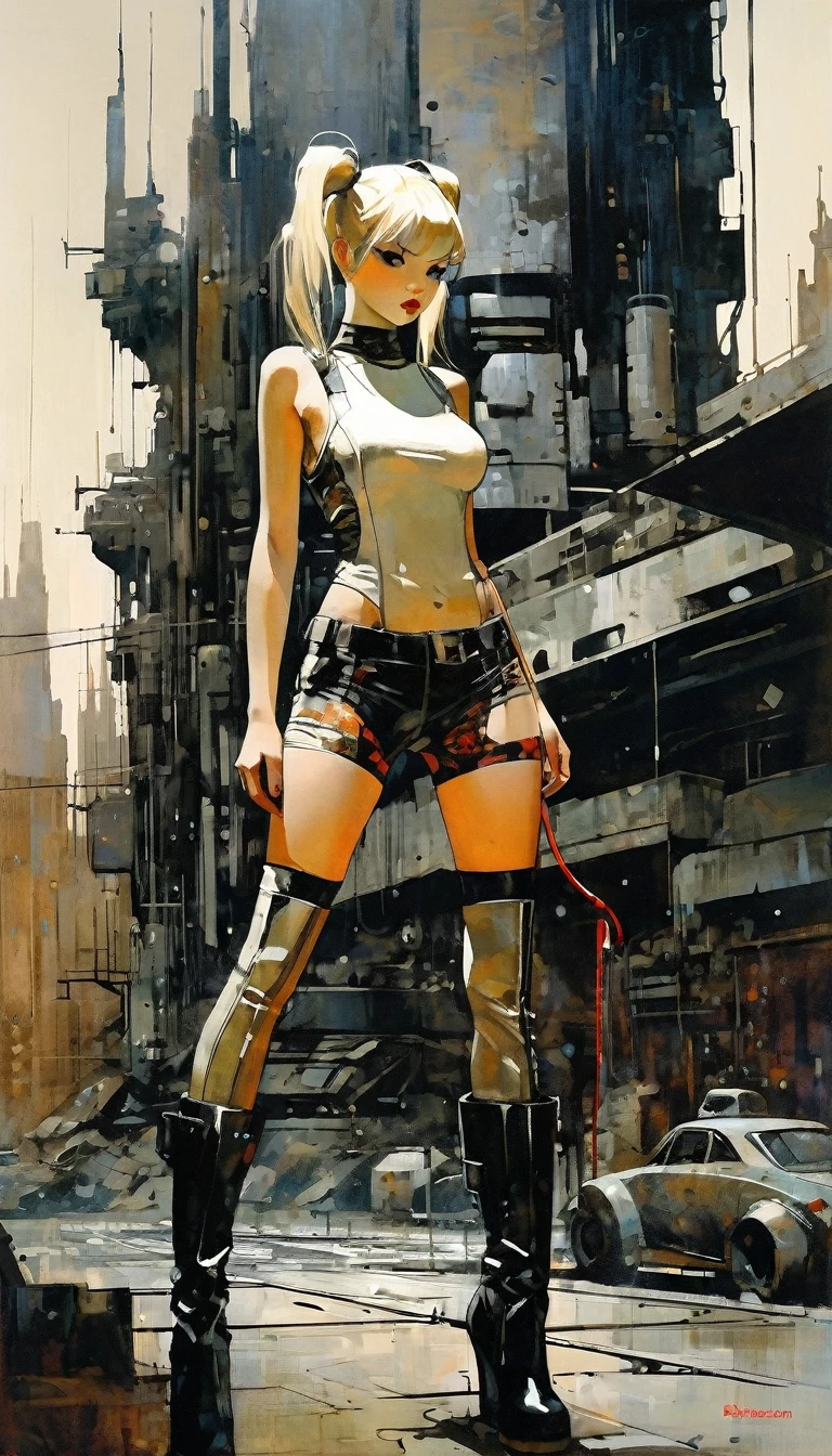 Future sexy asian blonde girl with twin-tails in a futuristic city.1.5, rusty metal city, lots of details, cars, buildings, billboards, nude and very tight tank top, red latex thigh high stocking extreme-highheel-wedge boots , standing pose (Dave Mckean inspired art, intricate details, oil painting)
