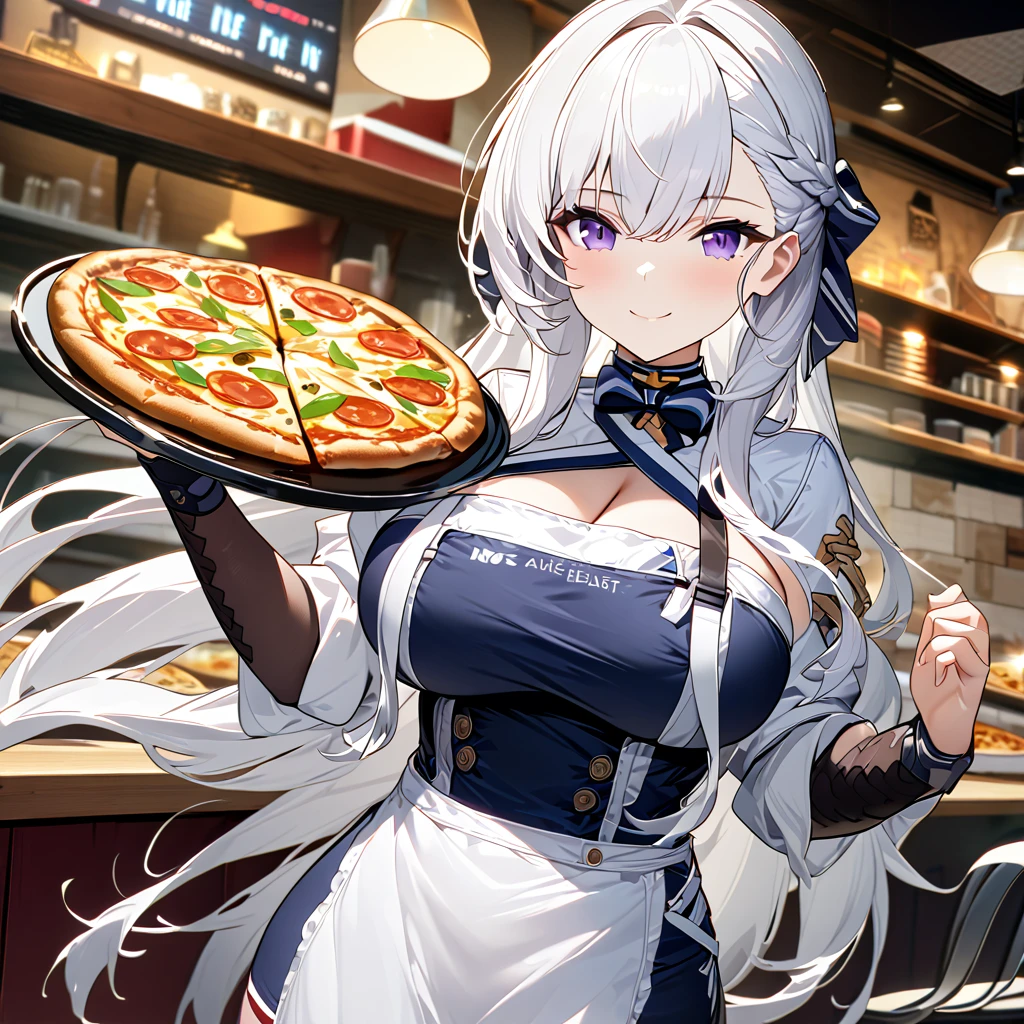 A woman wearing a blue dress, with a white work apron, white hair, long hair, purple eyes, smiling, big breasts, holding a tray with pizza, inside a pizzeria, counter in the pizzeria and chair, bow in her hair, standing, HMS_Belfast, Azur_lane, , .UHD , masterpiece, super details , high quality , best quality, 8k, high resolution, bokeh effect. (woman solo), close view.
