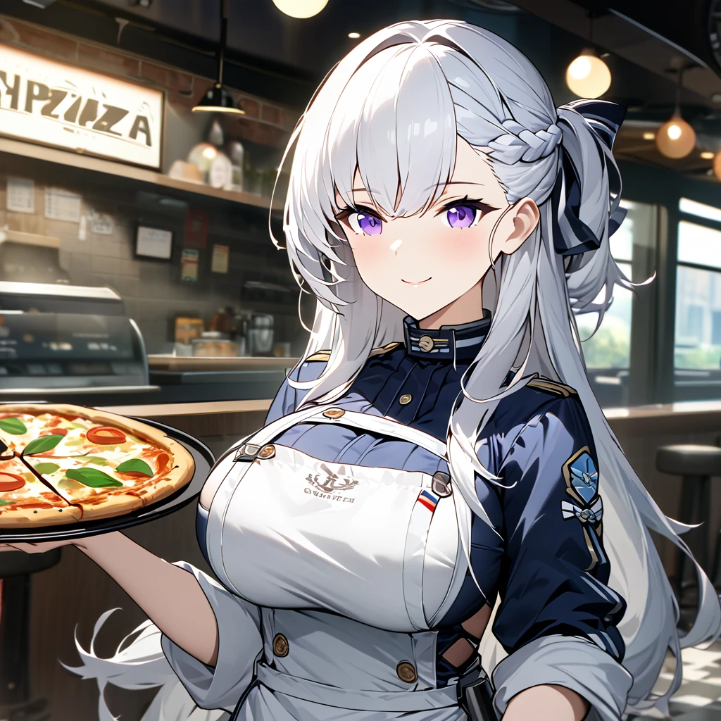 A woman wearing a blue dress, with a white work apron, white hair, long hair, purple eyes, smiling, big breasts, holding a tray with pizza, inside a pizzeria, counter in the pizzeria and chair, bow in her hair, standing, HMS_Belfast, Azur_lane, , .UHD , masterpiece, super details , high quality , best quality, 8k, high resolution, bokeh effect. (woman solo), close view.
