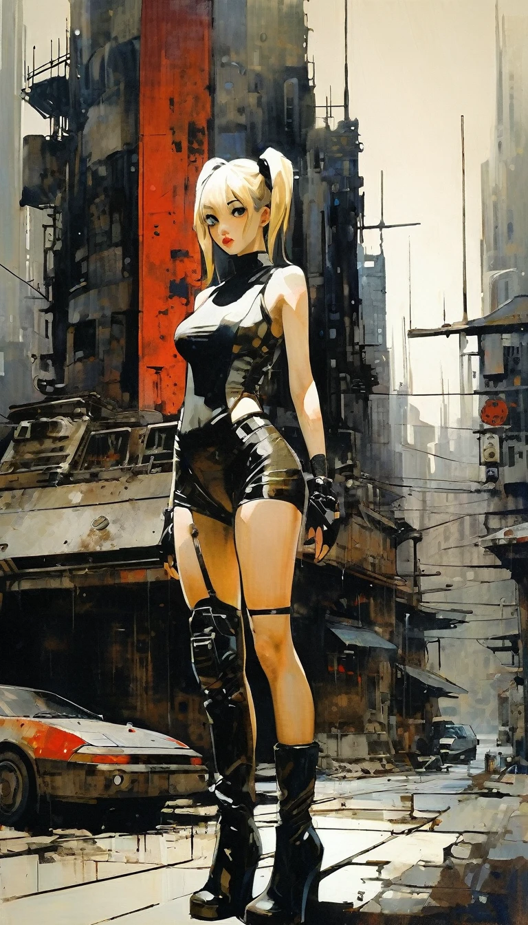 Future sexy asian blonde girl with twin-tails in a futuristic city.1.5, rusty metal city, lots of details, cars, buildings, billboards, nude and very tight tank top, red latex thigh high stocking extreme-highheel-wedge boots , standing pose (Dave Mckean inspired art, intricate details, oil painting)
