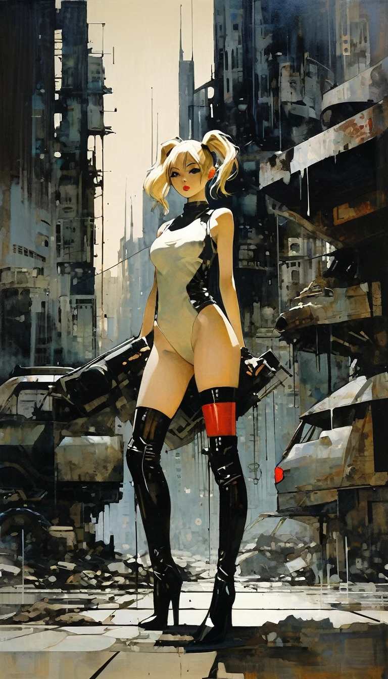 Future sexy asian blonde girl with twin-tails in a futuristic city.1.5, rusty metal city, lots of details, cars, buildings, billboards, nude and very tight tank top, red latex thigh high stocking extreme-highheel-wedge boots , standing pose (Dave Mckean inspired art, intricate details, oil painting)
