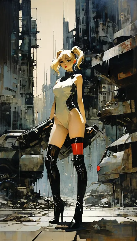 Future sexy asian blonde girl with twin-tails in a futuristic city.1.5, rusty metal city, lots of details, cars, buildings, bill...