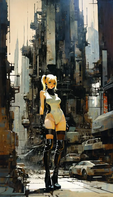Future sexy asian blonde girl with twin-tails in a futuristic city.1.5, rusty metal city, lots of details, cars, buildings, bill...