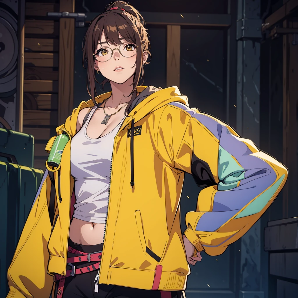 (best quality,4k,8k,highres,masterpiece:1.2),ultra-detailed, anime style, there is a woman in a yellow jacket and glasses standing in a pool, yellow aura, wearing netrunner clothing, wearing a yellow hoodie, stylish coat for a rave, jrpg fashion, yellow robes, she is wearing a coat, fashionable rpg clothing, final fantasy 14 style, high ponytail, mouth closed, mole near mouth, tank top, cleavage